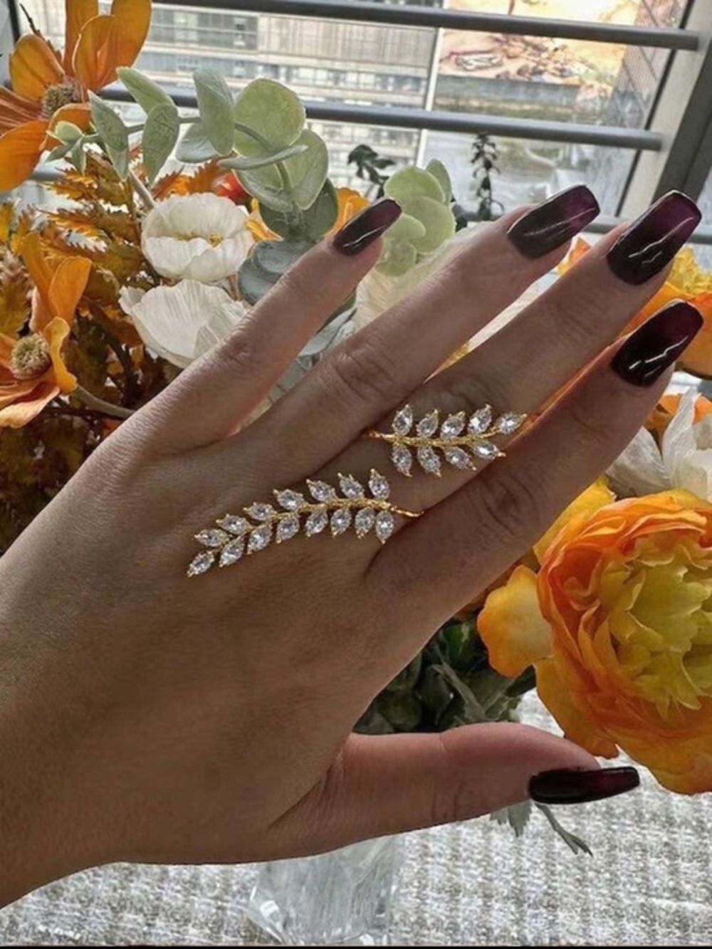 Gold Crystal Leaf Double Ring - Women Jewelry